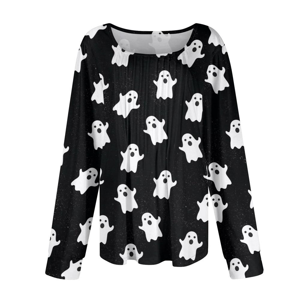 Long Sleeve Shirts For Women Cute Print Graphic Tees Blouses Dressy Casual Blouses Pleated Scooped Neck Tunic Tops Halloween