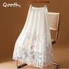 Women Gentle Printed Tulle Long Pleated Skirt With Big Swing Sweet Elastic Waist Floral Mesh A-line Skirt For Spring Summer QT2314