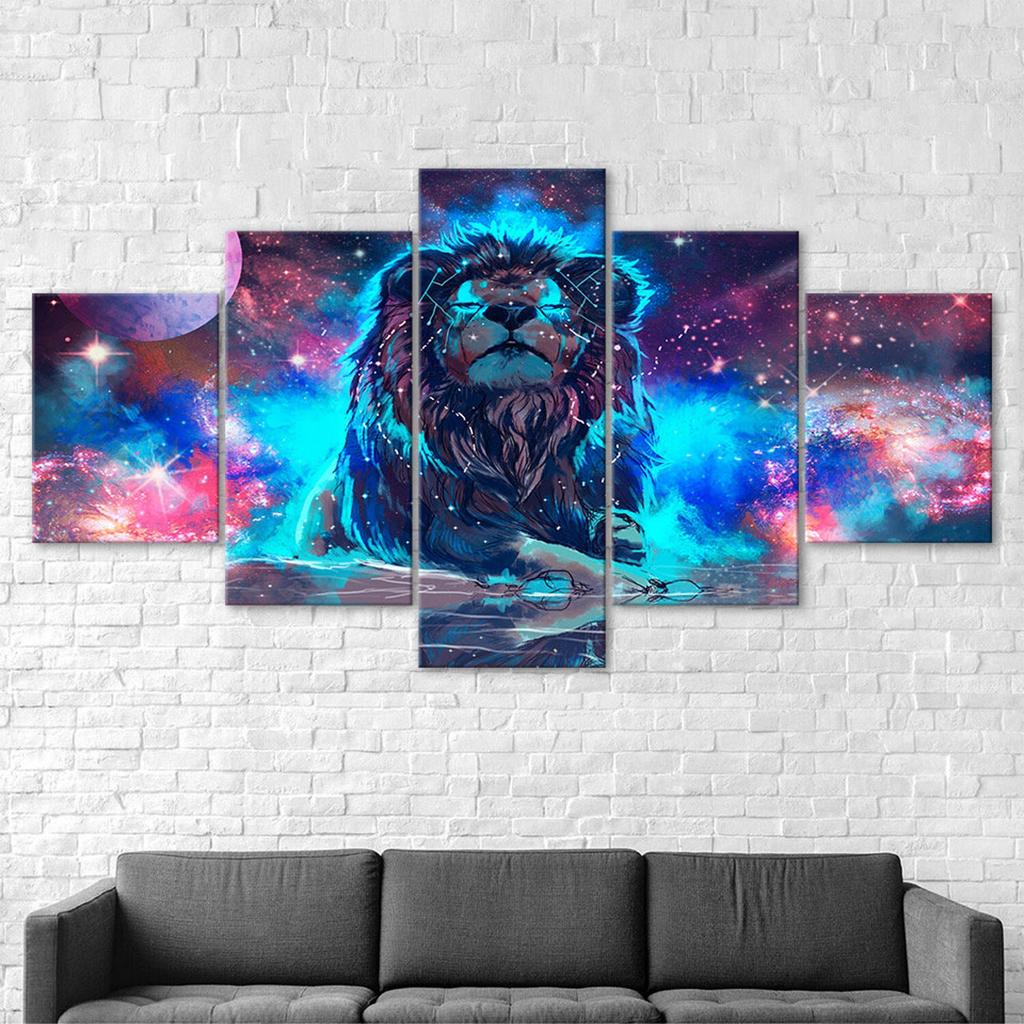 Abstract Lion Mystical Animal Glowing Cosmic Scenery 5 Piece Five Panel Wall Canvas Print Modern Art Poster Home Decor Gift For Him For Her