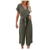Women Summer Fashion Button Belted Wide Leg Jumpsuits With Pockets Solid Color Short Sleeves V Neck