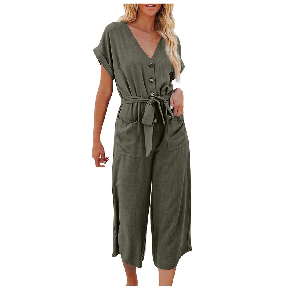 Women Summer Fashion Button Belted Wide Leg Jumpsuits With Pockets Solid Color Short Sleeves V Neck