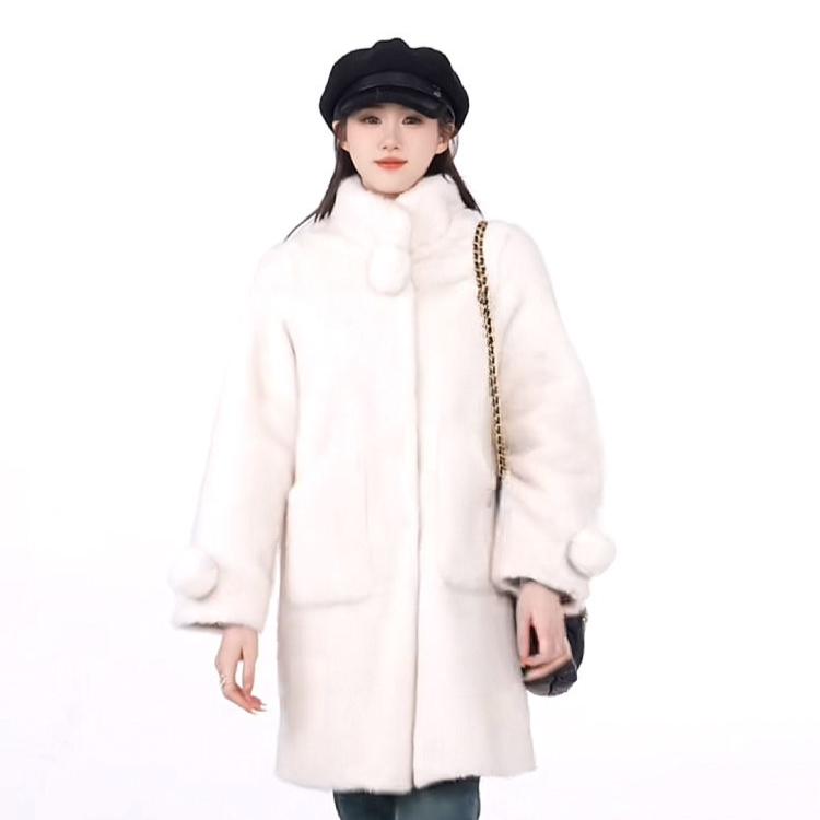 Роскошное женское зимнее пальто с воротником-стойкой и отделкой из меха норки - Длинная шерстяная верхняя куртка