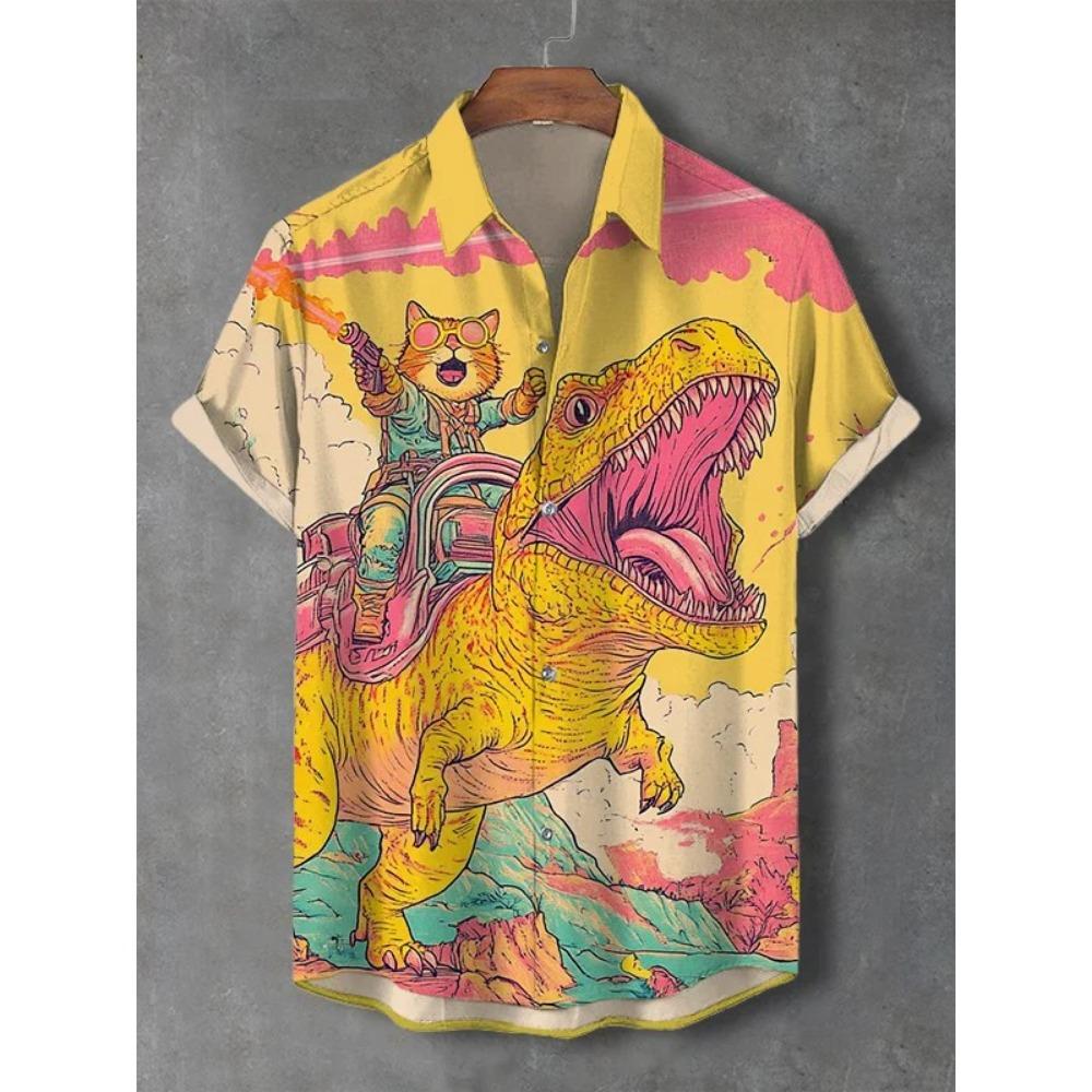 Мужские рубашки с рисунком кошек, рубашка с короткими рукавами и пуговицами на лацканах, летние свободные топы, повседневные гавайские рубашки для отпуска