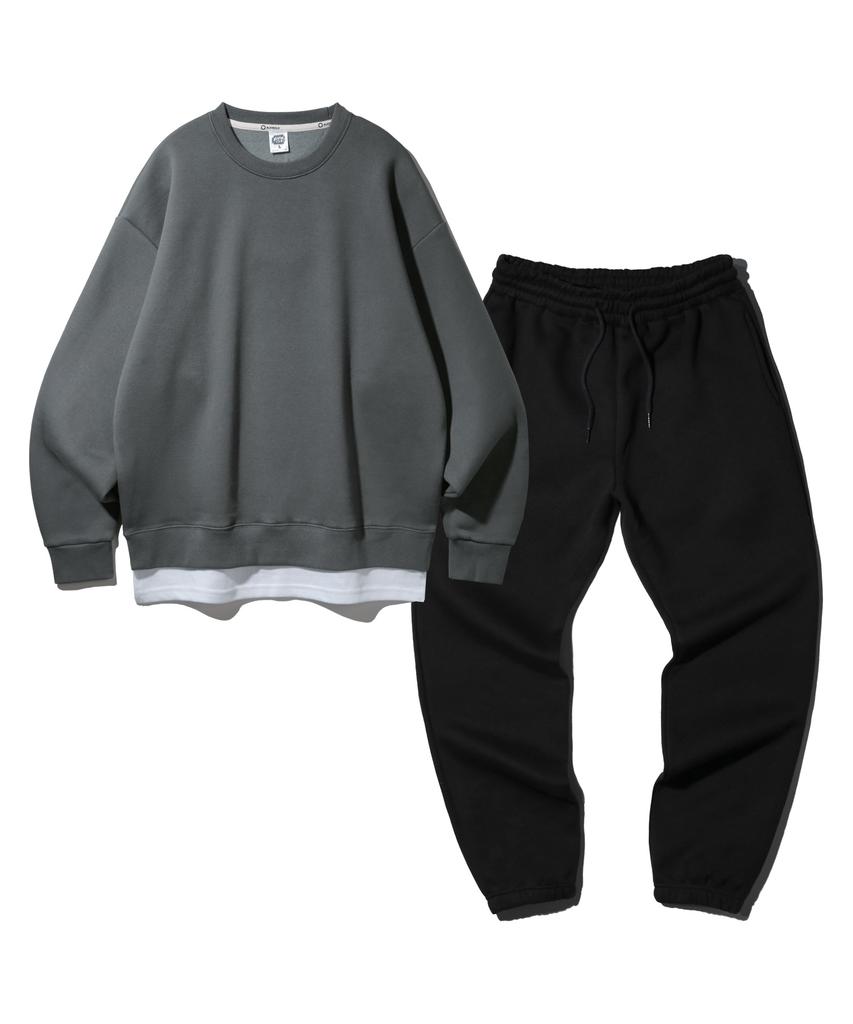ALVINCLO [Set] Layered Oversized Fleece-Lined Sweatshirt And Plain Jogger Training Pants Set
