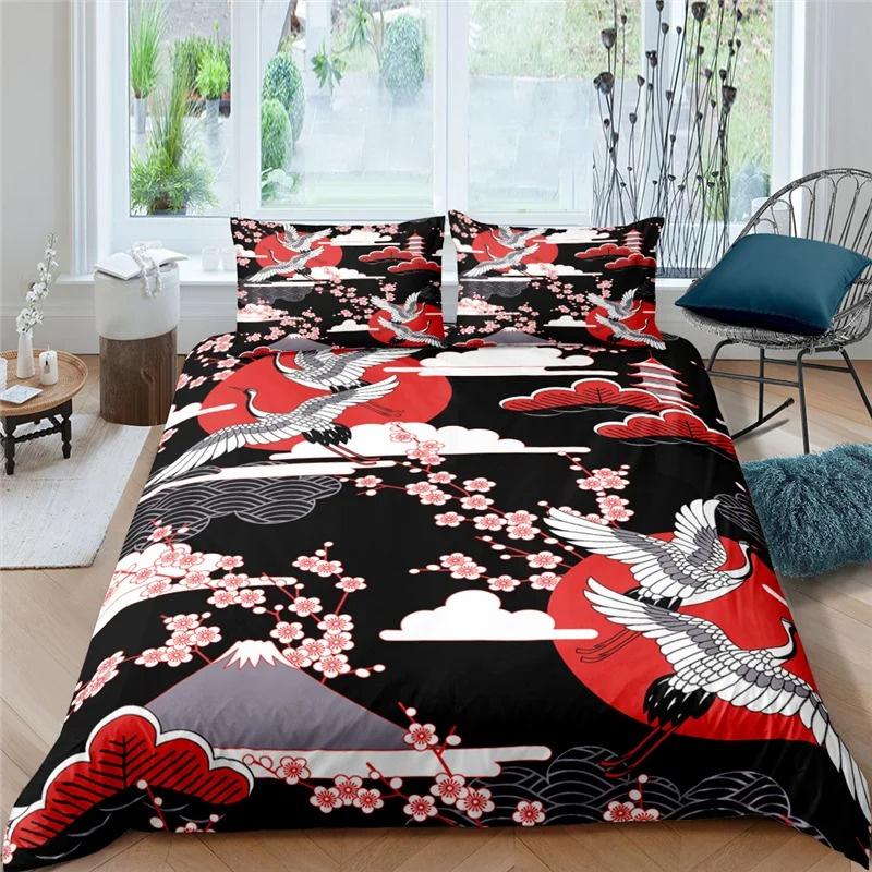 Пододеяльник с японским журавлем King Queen Size Wave Flower Ukiyo-e Style Комплект постельного белья Восточная культура 2/3 шт. Полиэстеровый пододеяльник