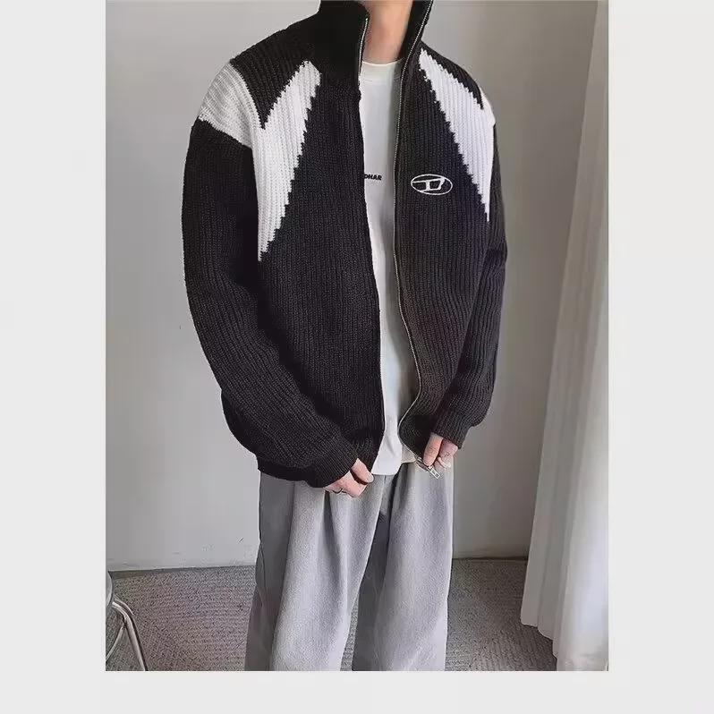 Мужской кардиган на молнии в американском стиле: Осенне-зимний трендовый уличный свитер с воротником-стойкой, длинным рукавом, ленивой и свободной вязкой