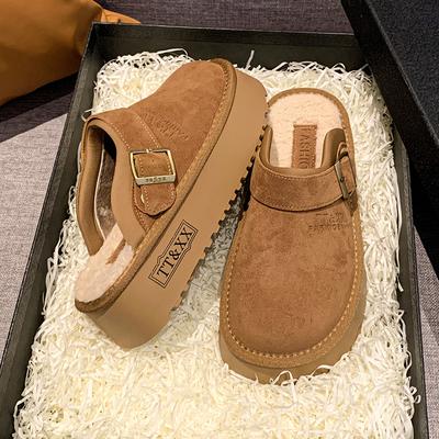 Женские меховые тапочки 2024 года, зимняя хлопковая обувь, толстая подошва, теплый носок, полутапочки, домашние ботинки с открытой пяткой, шлепанцы