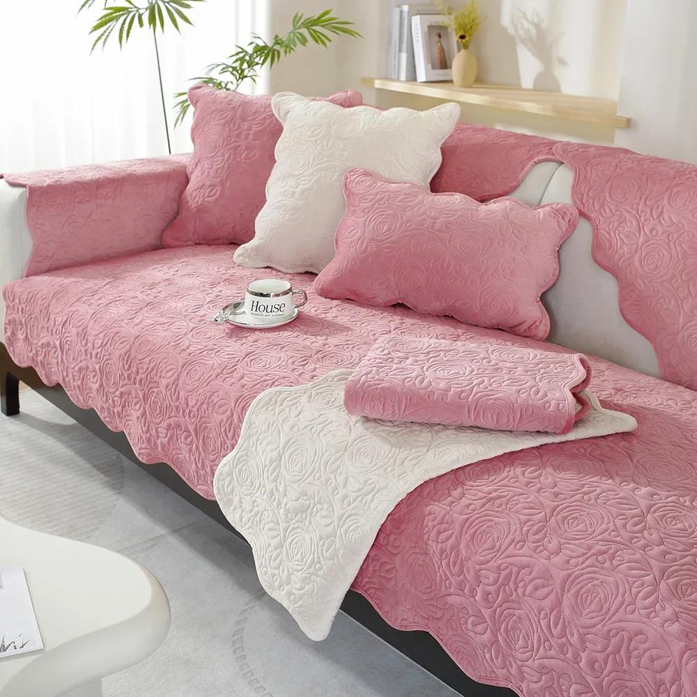 Dutch Velvet Embroider Sofa Cover Non-slip Corner Couch Slipcover Autumn Winter Universal Sofa Cushion Solid Color Sofa Cushion