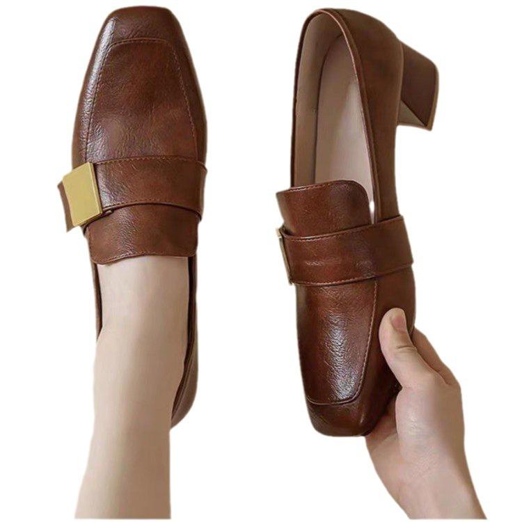 Fashion Spring Fall Winter Leather Square Head Hairy Shoes Single Shoes Female British Style Padded Medium Thick Heel One Footsteps Le Fu Shoes