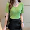 Women's Tops In Summer New Korean V-neck Short-sleeved T-shirt Slim Ice Silk Sweater Inner Base Shirt