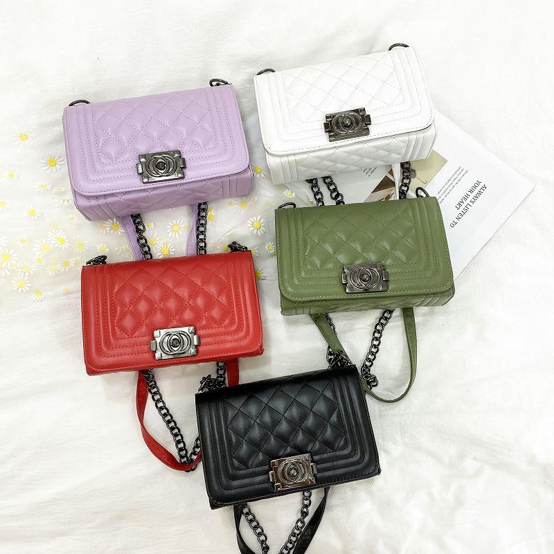 Women Solid Color Lock Buckle Lingge Square Crossbody Bag Leisure PU Chain Inclined Shoulder Bags Adjustable Band Strap