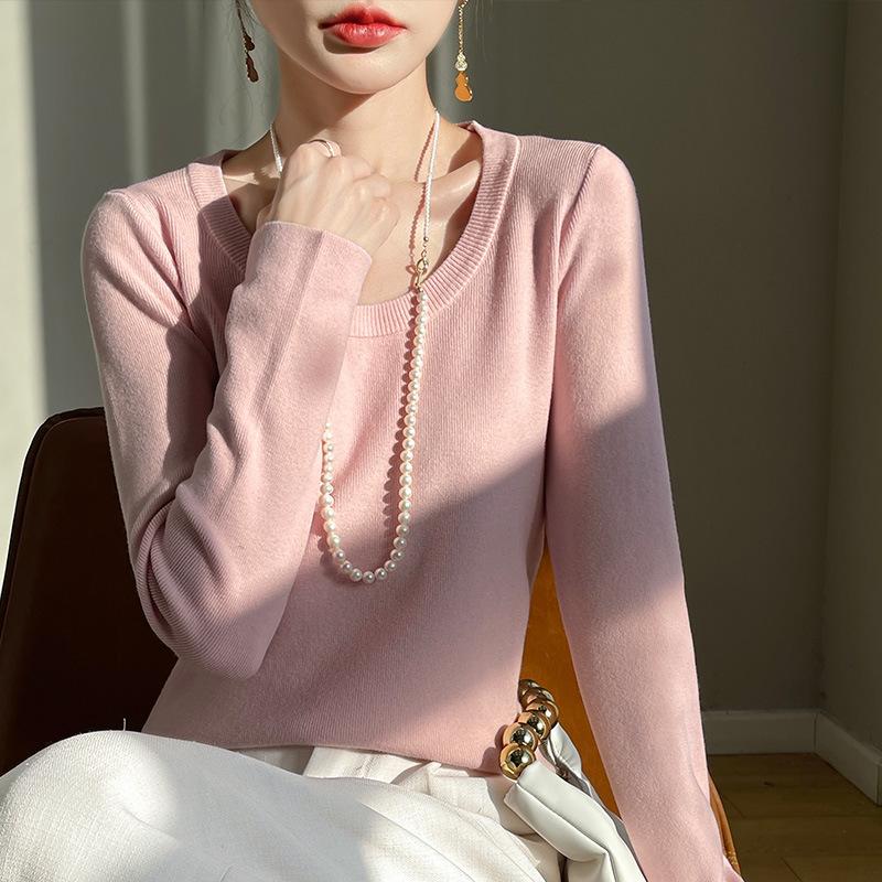 Модная осенне-зимняя базовая рубашка, женский облегающий шерстяной вязаный свитер с U-образным вырезом, большим вырезом, открывающим ключицы, свитер с низким вырезом
