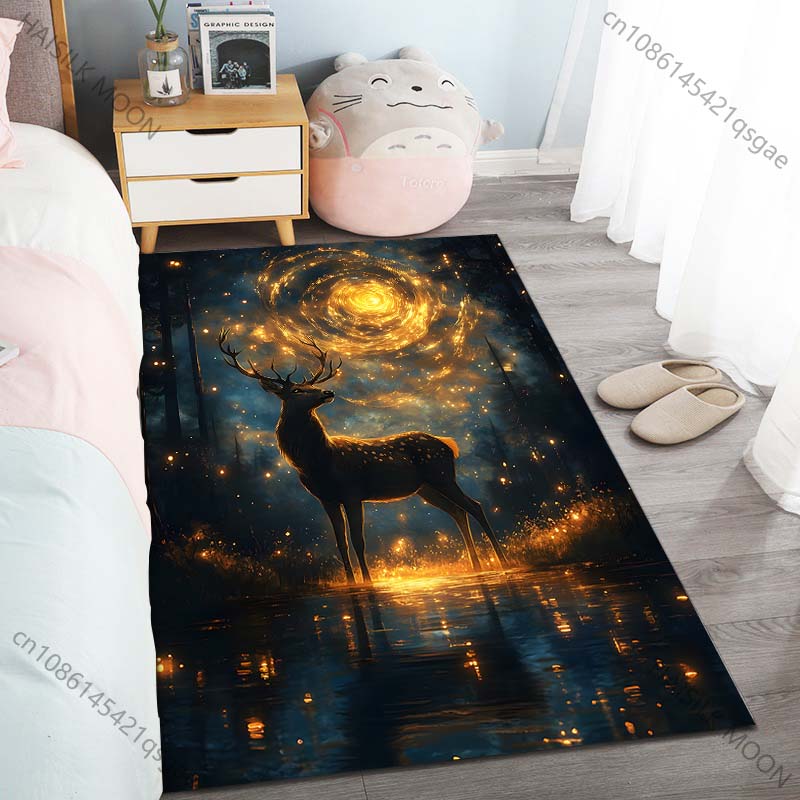Enchanted Forest Deer Night Carpet for Living Room Bedroom Bedside Floor Mat Cloakroom Children Play Mat Area Rug Large Size