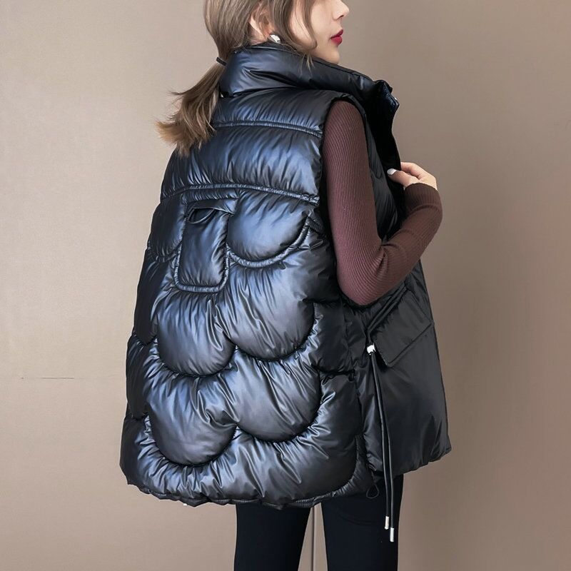 Women's Winter Down-Cotton Vest Korean Style Drawstring Design Fashionable Lightweight Outer-Wear Cotton Gilet