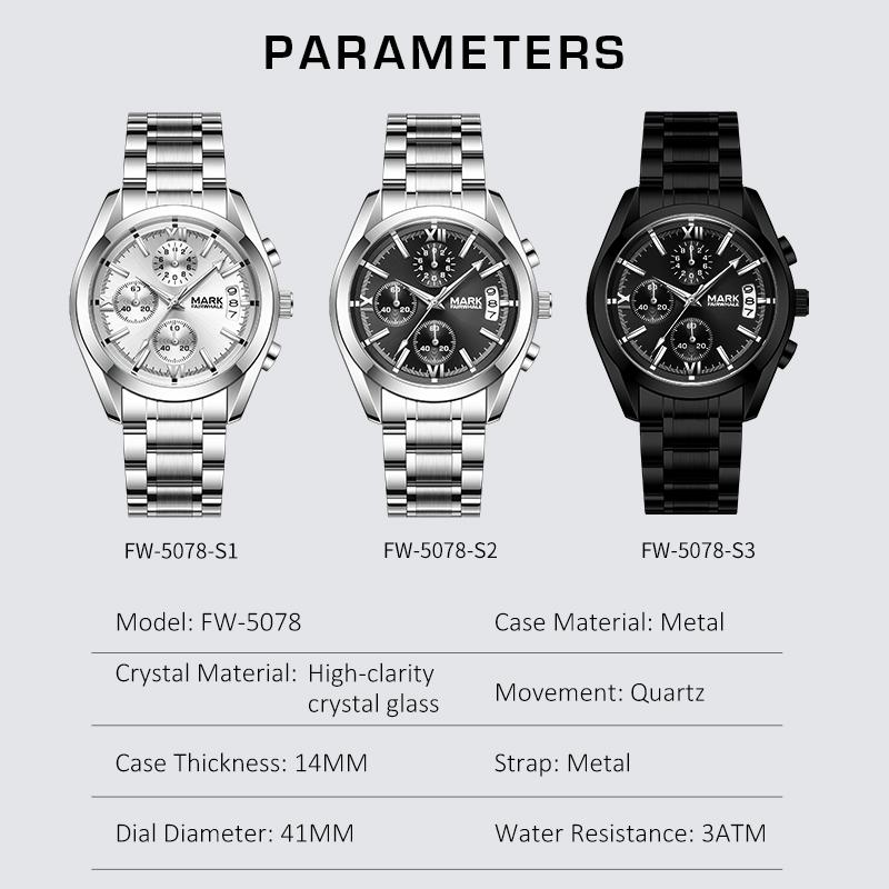 MARK FAIRWHALE FW-5078 Men's Quartz Chronograph Watch Metal Band 3ATM Waterproof Luxury Fashion Wristwatch