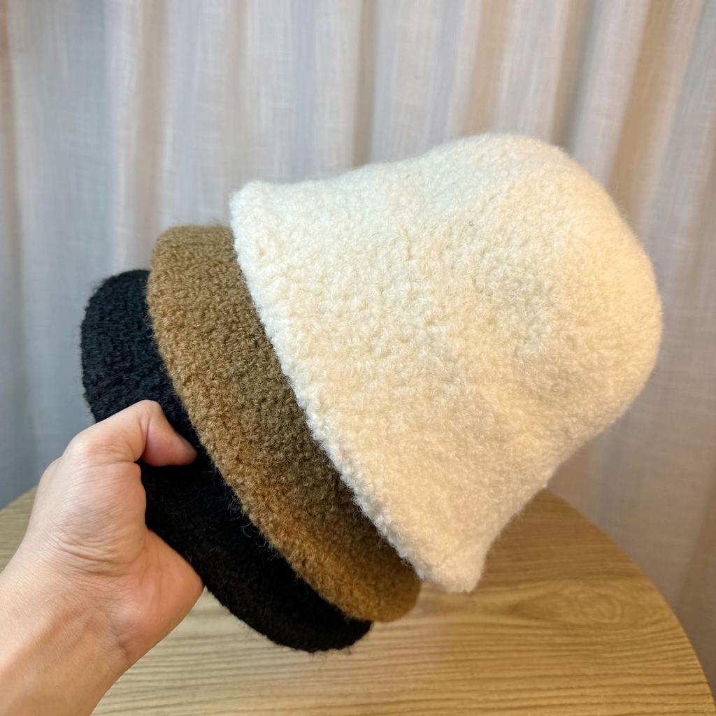 Lamb Wool Bucket Hat Women's Autumn and Winter Thickened Warm Basin Hat Solid Color Wool Bucket Hat