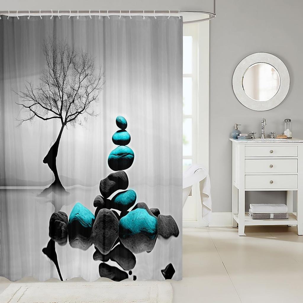 Шторка для душа Zen Spa Шторка для ванны Zen Stone для мальчиков, девочек, подростков Декор Дерево Набор шторок для душа в ванную Сине-белый Детский