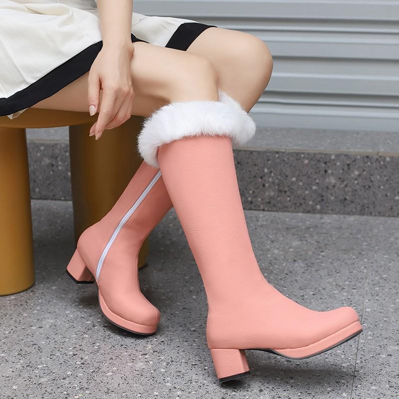 Six Colors Furry Decoration Knee High Boots Women Plus Size 33-48 Grained Pu Platform High Heel Lady Party Long Boots White Pink