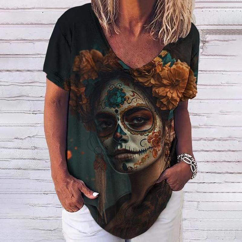 Лето 2023, новинка, женский топ с 3D принтом черепа ужасов и v-образным вырезом, футболка с короткими рукавами, повседневная забавная одежда Harajuku Y2K Day Of The Dead