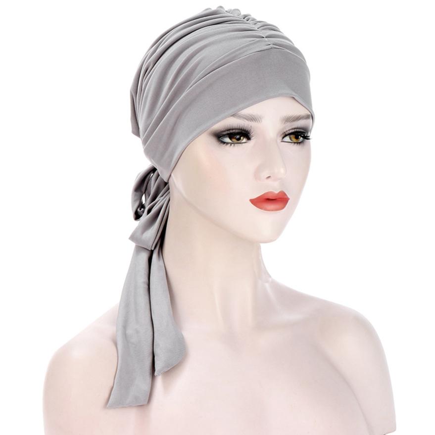 Stretch Fashion Muslim Headwrap Crystal Hemp Long Tail Bow Turban Hat Chemo Cap