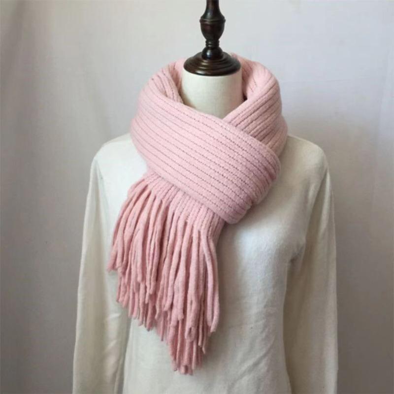 Winter Long Scarf Women's Simple Fringed Shawl with Imitation Cashmere Windproof Warm Solid Color Scarf