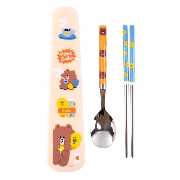 Lilpang Brown & Friends Space Efficient Vacuum Spoon Case Set, Mixed Colors, Spoon + Chopsticks + Case, 1 Set