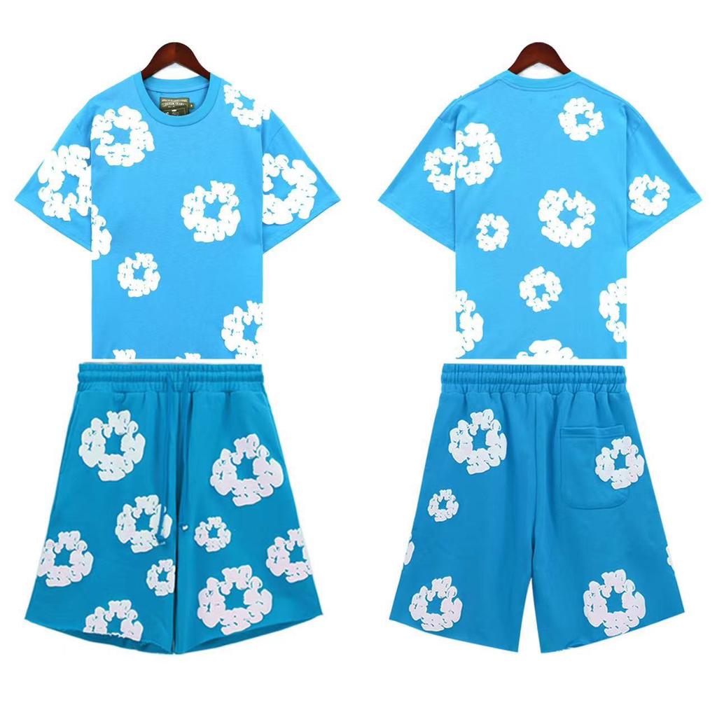 Chic Unisex Two-Piece Running Clothing Tracksuit Set 3D Kapok Foam Printing Flower Pattern Couples Short Sleeved T-shirt Shorts Set