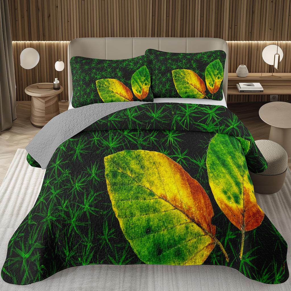 Green Leaves Bedspread Twin Queen Size Farmhouse Botanical Plant Coverlet Sets Spring Nature Leaf Quilt Set for Kids Teen Adults