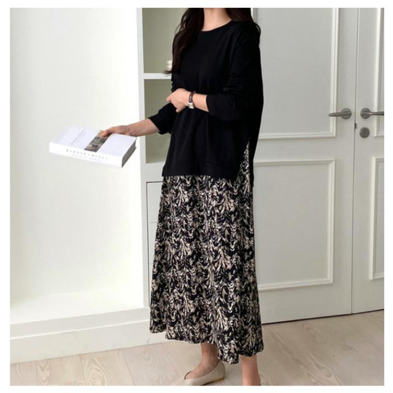 Весна и осень плюс размер футболка с длинным рукавом с принтом большое свободное платье с круглым вырезом длинное платье