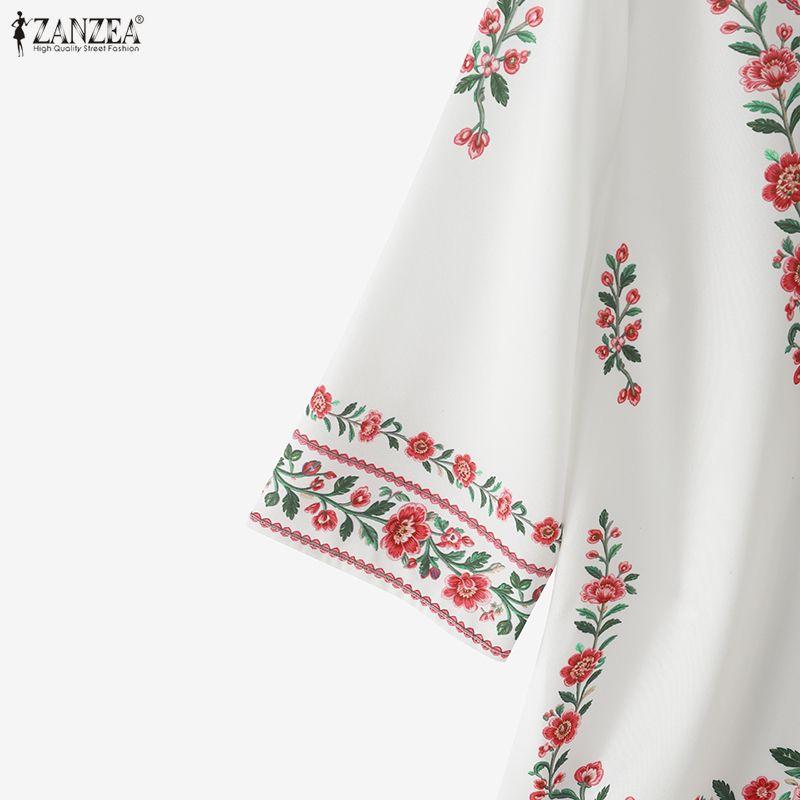 ZANZEA Женская повседневная свободная блузка с круглым вырезом и этническим принтом, с коротким рукавом