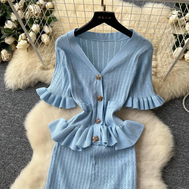 Ретро вязаный свитер с оборками, сексуальный однобортный, элегантный, А-силуэт, длинное вечернее платье макси, женская мода, летняя одежда