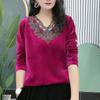 Gold Velvet Bottoming Shirt Fashion Hot Diamond Lace V-neck Top Women's Spring Autumn New Long Sleeve T-shirt XL-6XL