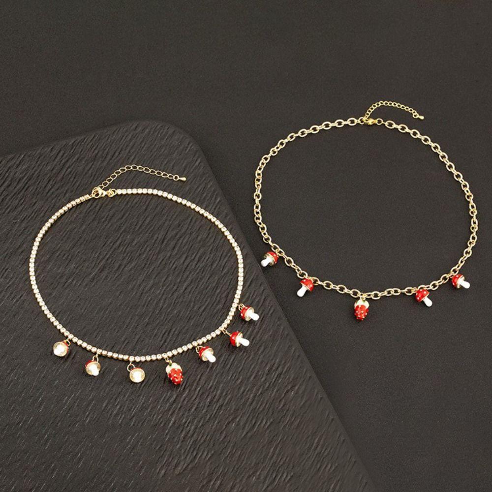 Mushroom Shape Strawberry Necklace Copper Zircon Sweet Necklace Simple Necklace For Girl