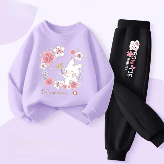 Cute Rabbit Printed Baby Girls Spring New Style Hoodies Sets Children's Sweatshirt Sweatpant Two Piece Suit Kids Outdoor Outfits