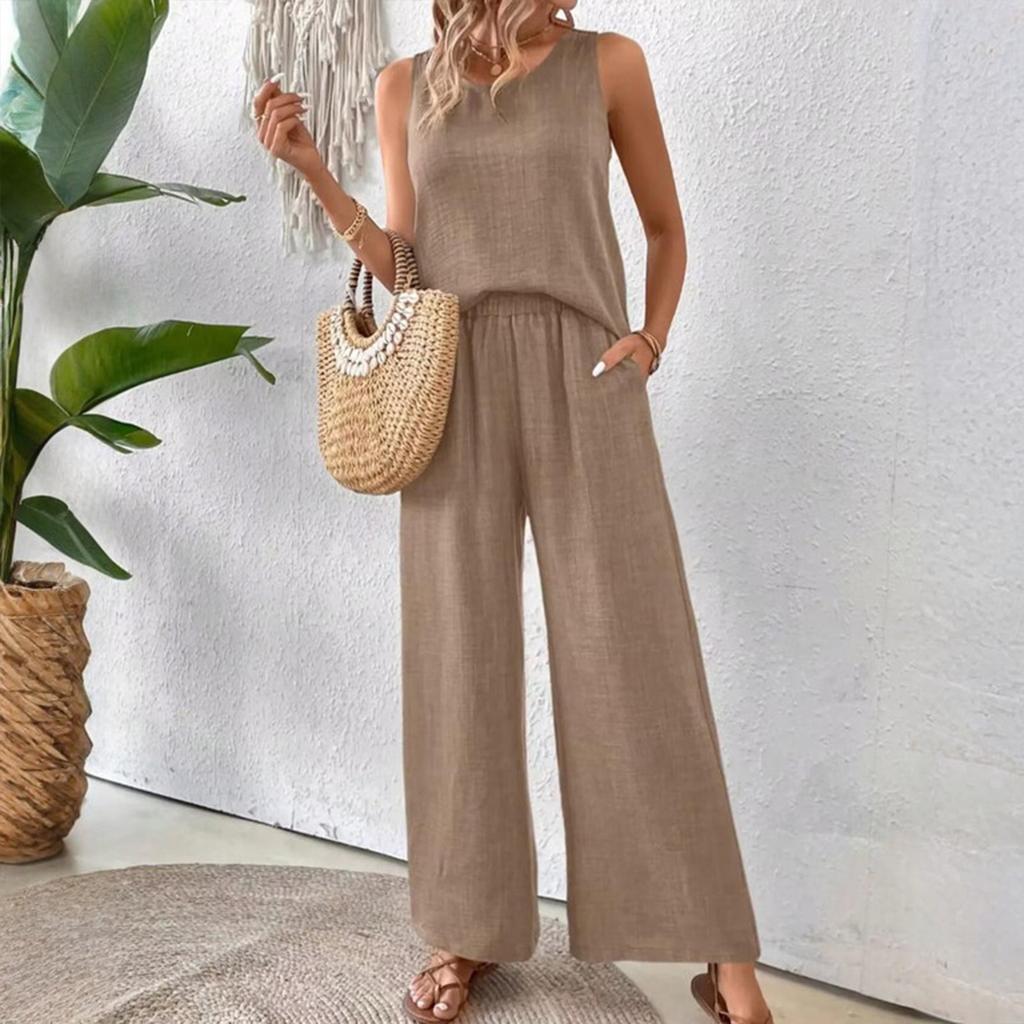 Женский свободный повседневный летний комплект без рукавов с однотонным кружевом и ажурной спинкой