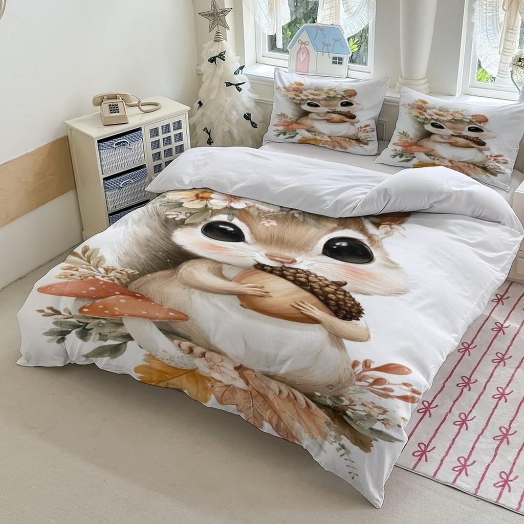 Милый комплект постельного белья с белками Мягкий полиэстер Пододеяльник Комплект с наволочкой Для декора спальни Подарок на день рождения для девочек