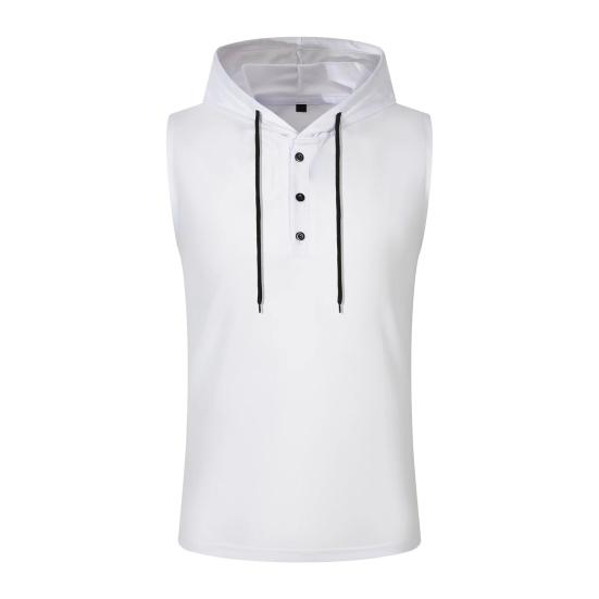 Men Vest Hooded Drawstring Sleeveless Tops Solid Color T-Shirt with Wide Shoulder
