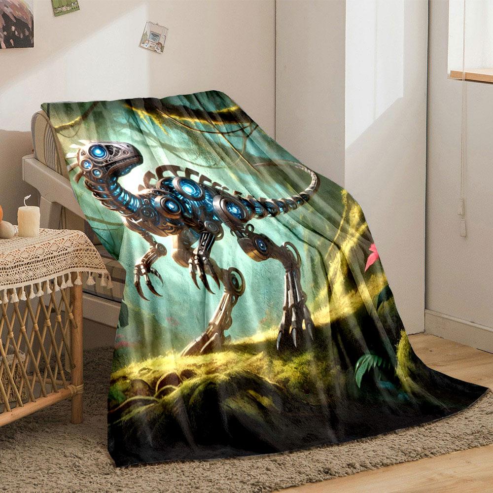 A robotic dinosaur with glowing blue lights in a lush jungle setting. for all seasons blanket lunch break throw gift