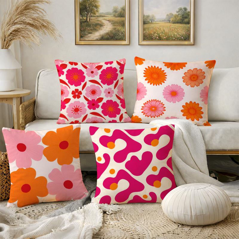 4pcs Pink-Orange Floral Heart 2D Printed Pillow Covers, Living Room Bedroom Sofa Decor Cushion Cases, Pillow Inserts Not Included