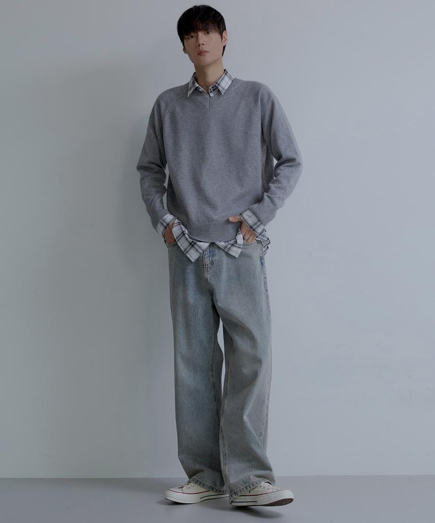 NODU V-Neck Herasi Raglan Crop Knit [Gray]