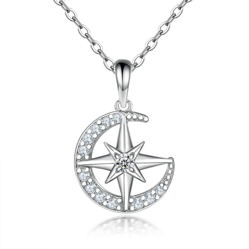 Zircon Diamond Star Moon Pendant 925 Sterling Silver Necklace Ladies Versatile Star Moon Silver Necklace