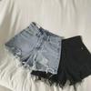 Women's High-Waist Notch Denim Shorts - Summer Casual, Raw Edge, Wide Leg, Slim Fit Trend