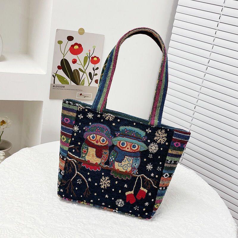 Cartoon Embroidered Canvas Handbag Women's Bag Casual Handbag Office Worker Small Satchel