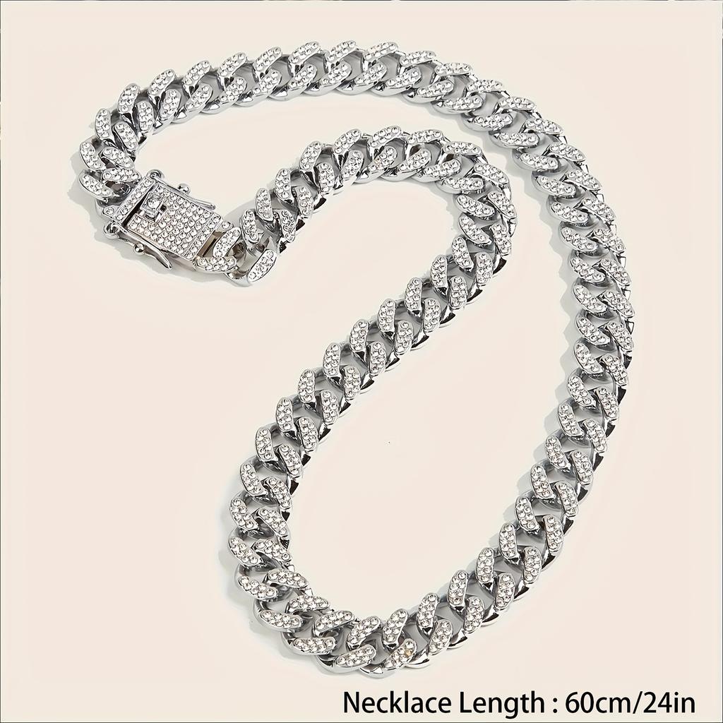 Iced Out Shiny Rhinestone Cuban Chain Necklace/Bracelet Bling Bling Zinc Alloy Jewelry