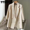 Повседневный блейзер женский средней длины, двубортный свободный пиджак в британском стиле с длинными рукавами и лацканами, весенне-осенняя термокуртка, тонкий плащ