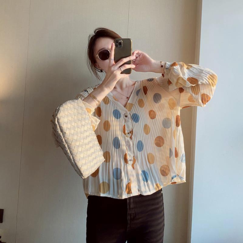 Женская летняя рубашка из шифона в горошек, свободная верхняя рубашка с длинными рукавами, кардиган