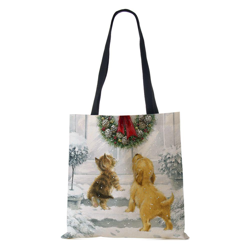 Рождественская елка Подарок Харадзюку Холщовая сумка-шоппер Рождественская собака Женская многоразовая сумка через плечо Большая вместимость Складная сумка для хранения KTY