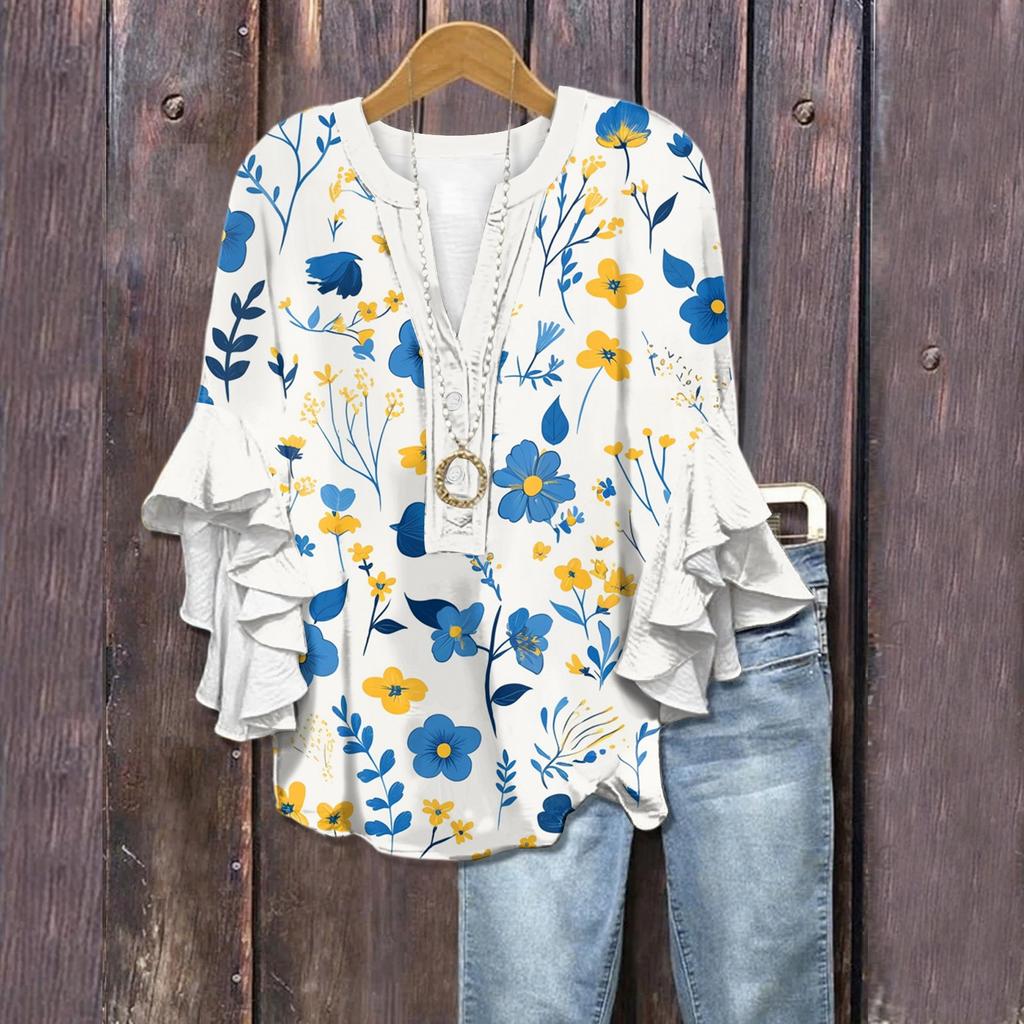 Летние топы для женщин, симпатичные блузки с V-образным вырезом и рукавом 3/4, повседневные рубашки с цветочным принтом