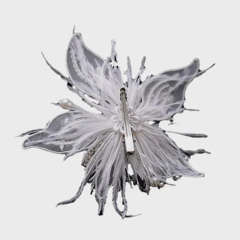 Головной убор ручной работы из белого кружева с перьями феи для невесты