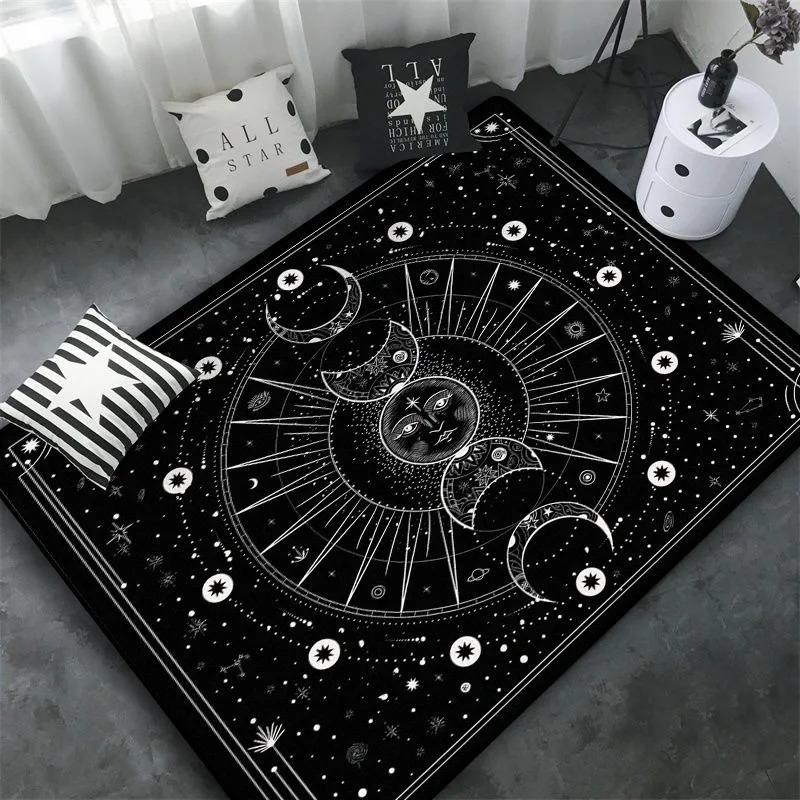 Triple Moon and Pentagram Altar or Tarot Witchy Floor Mat Black Witch Rug Gothic Decor Phases Divination Runic Carpet Gift